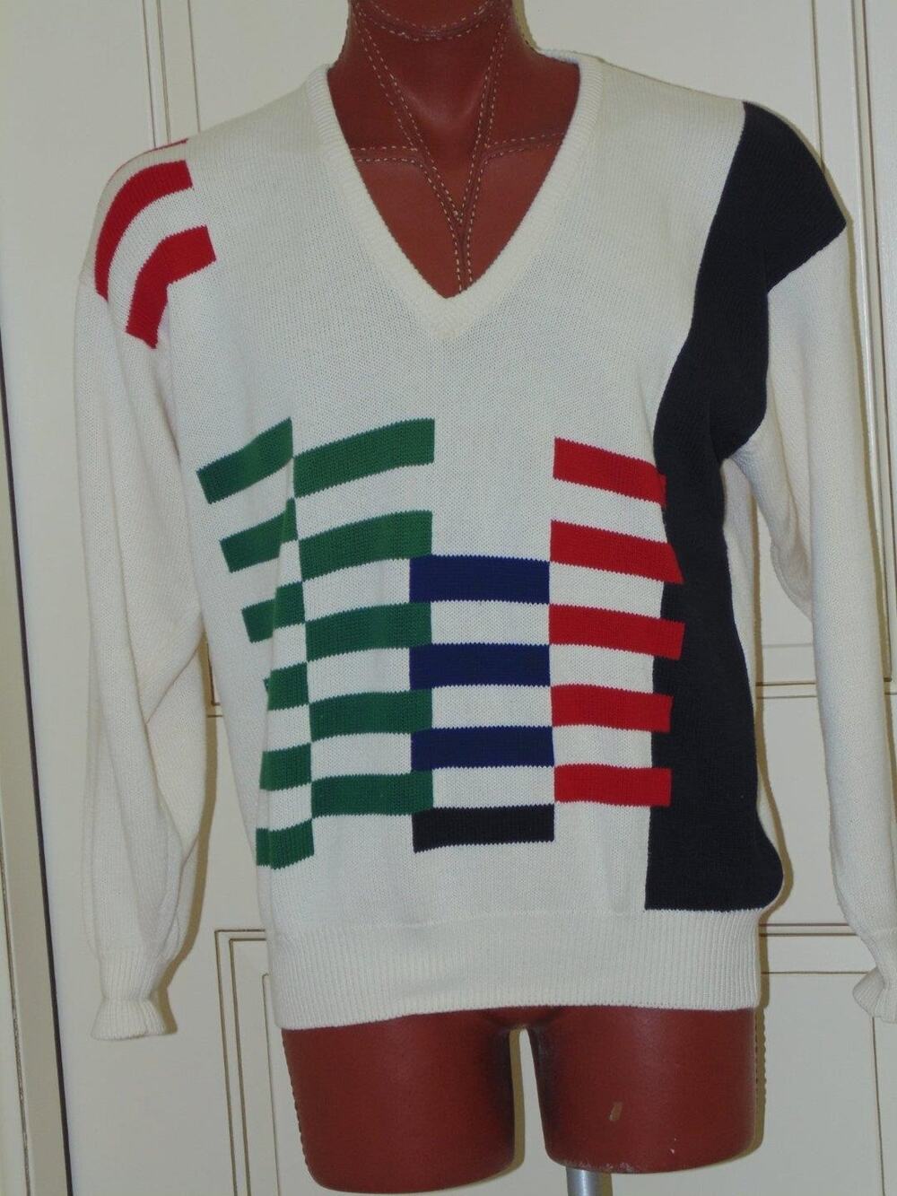Retro 70s Pringle Sweater Mens L V Neck White Cotton Long Sleeve Colorblock Mint